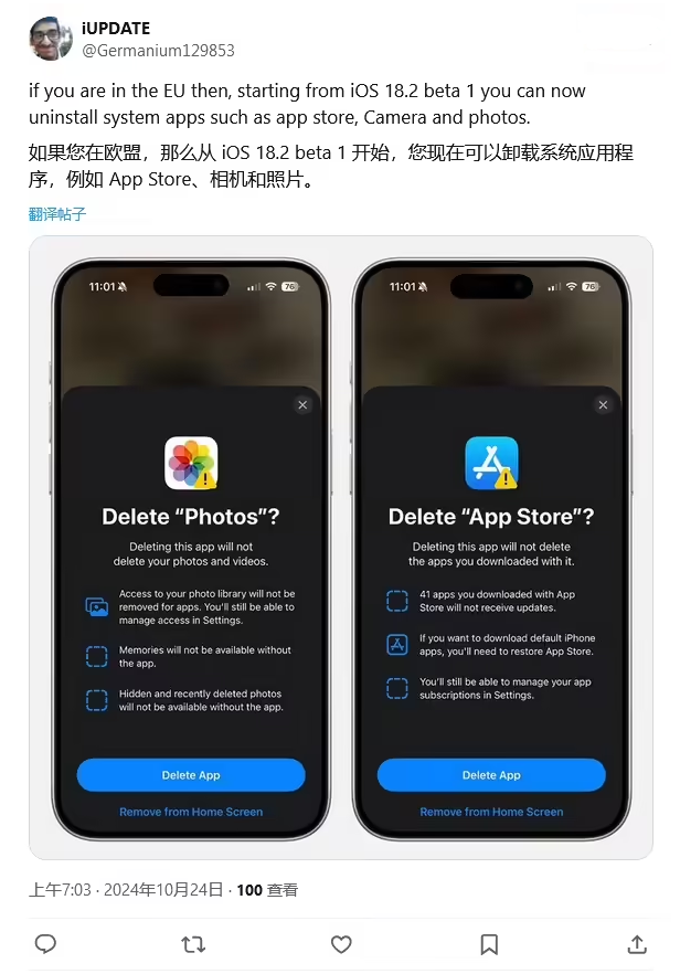 永靖苹果手机维修分享iOS 18.2 支持删除 App Store 应用商店 