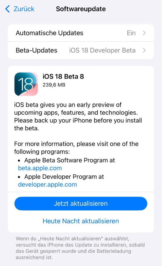 永靖苹果手机维修分享苹果 iOS / iPadOS 18 开发者预览版 Beta 8 发布 